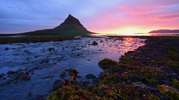 Fantastic Sunset in Iceland, a Sharp-mountain Mountain and a Pink Sky Make an Incredible Picture