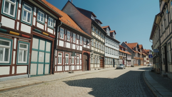 Picturesque Street of a Small Town in Germany. Traditional Style of Construction. Verniigorodee - a