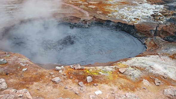 Eruption of Geyser in Iceland. Red Soil, Like the Surface of the Planet Mars