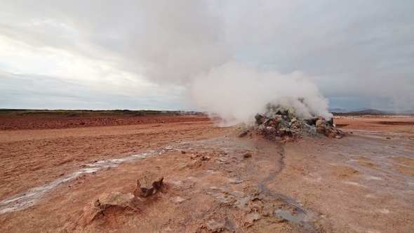 Eruption of Geyser in Iceland. Red Soil, Like the Surface of the Planet Mars