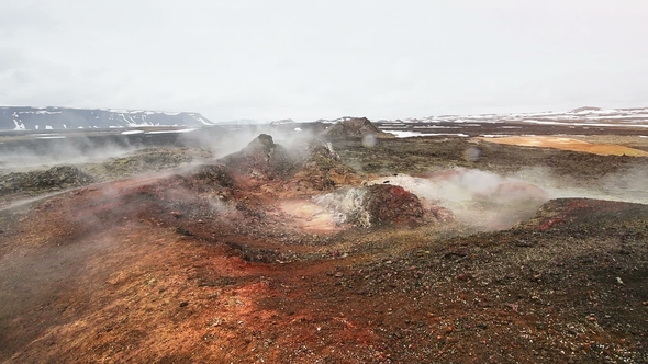 Eruption of Geyser in Iceland. Red Soil, Like the Surface of the Planet Mars