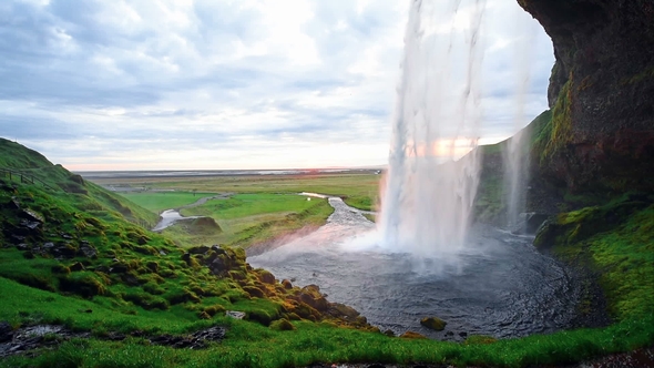 Seljalandfoss Waterfall. Beautiful Summer Sunny Day. Iceland