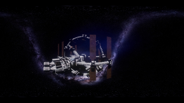 VR 360 Futuristic Spaceship Flying in Space with Mily Way alt