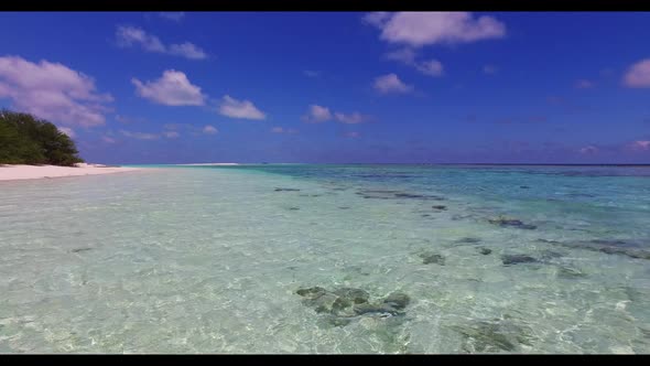 Aerial drone view tourism of relaxing coastline beach journey by shallow sea and white sand backgrou