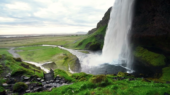 Seljalandfoss Waterfall. Beautiful Summer Sunny Day. Iceland