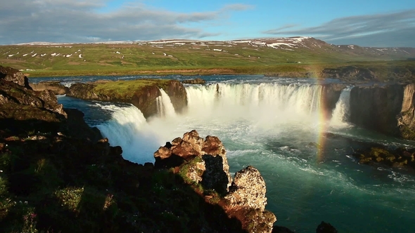 Fantastic Sunset. Hodafoss Very Beautiful Icelandic Waterfall 12 Meters High. It Is Located in the