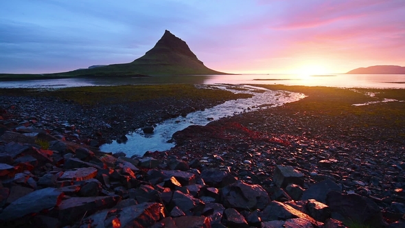 Fantastic Sunset in Iceland, a Sharp-mountain Mountain and a Pink Sky Make an Incredible Picture