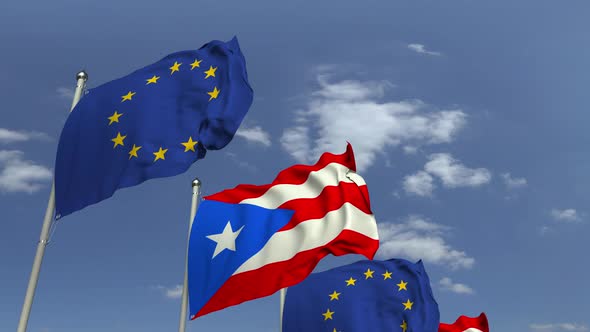 Waving Flags of Puerto Rico and the European Union