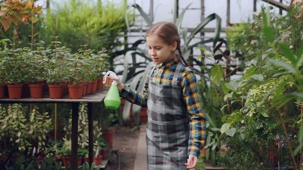 Adorable Girl in Apron Is Watering Flowers with Spray Bottle While Her Pretty Mother Is Working