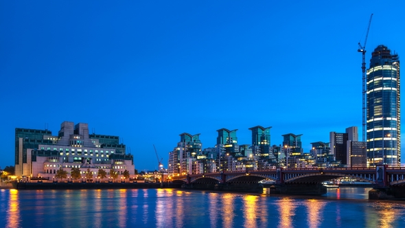 Sunset Over MI6 Building St. George Wharf St. George Tower and Vauxhall Bridge on the River