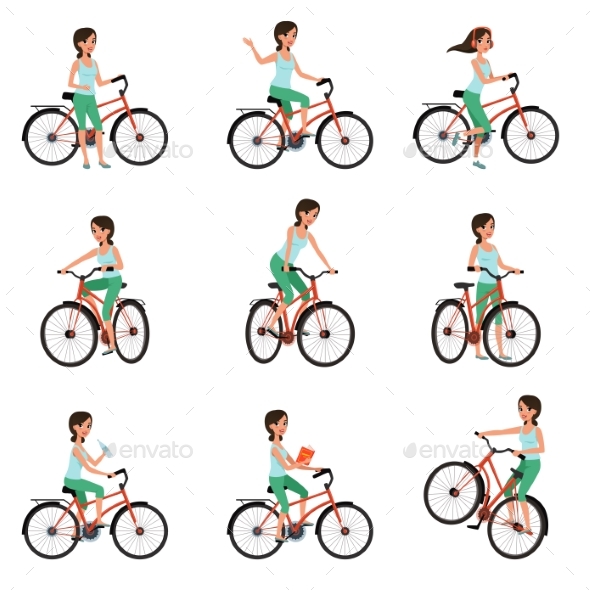 Girl Riding on Bike Set, Active Lifestyle Concept