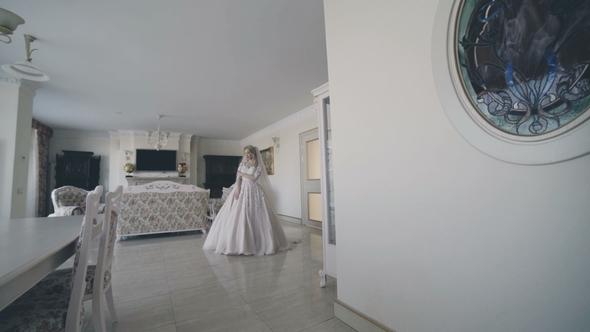 Gorgeous Wedding Couple Meets and Caresses in Luxurious Room