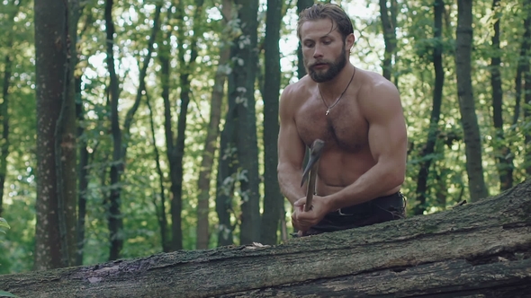 Strong Forester Chopping a Tree with Ax in a Forest. Slowly