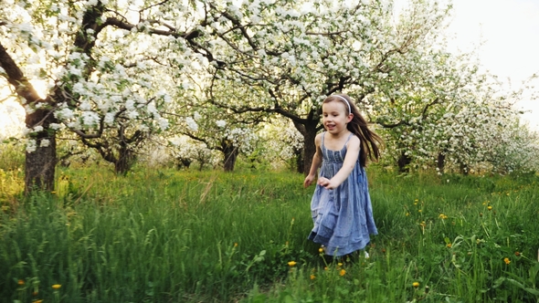Little Girl Runs through a Flowering Garden