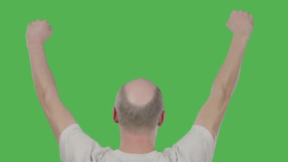Successful Bald Man Celebrating with Hands Up on Keyed Green Screen. Alpha Channel