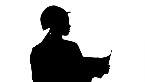 Silhouette Young Female Architect Holding Blueprints and Checking Construction alt