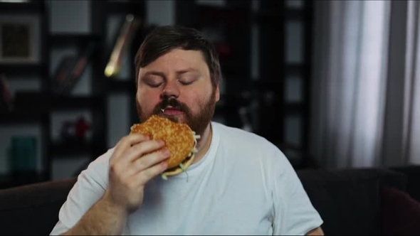 Weak-willed Overweight Man Eating Fast Food and Drinking Beer Sitting on the Couch. The Concept of obesity