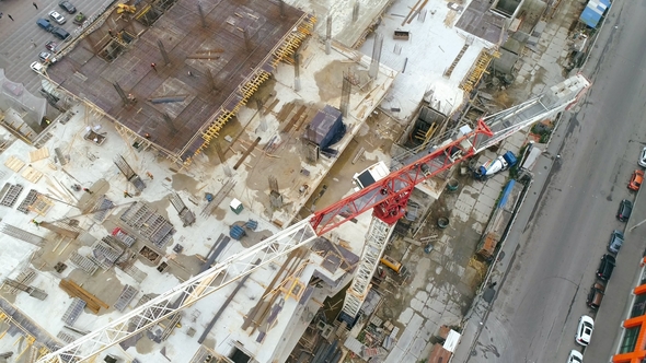 Top View Building Construction and Towel Cranes in Modern City