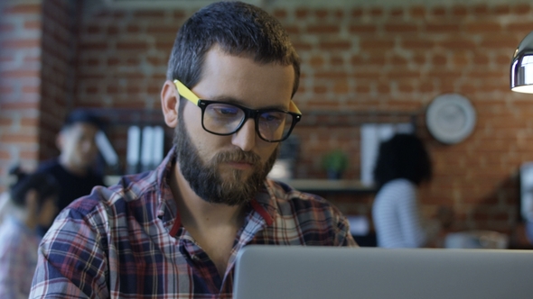 Focused Bearded Man Using Computer