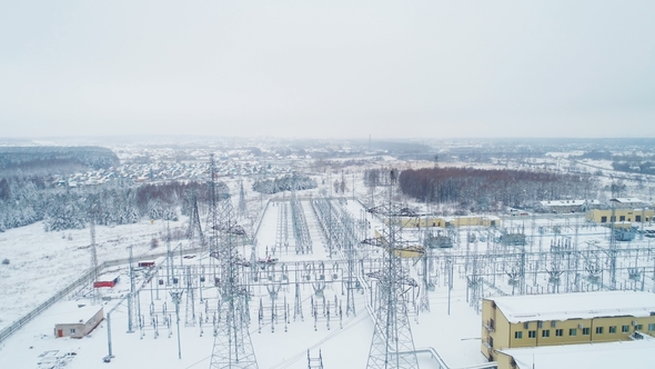 Electrical Substation with Towers and Wires in Winter