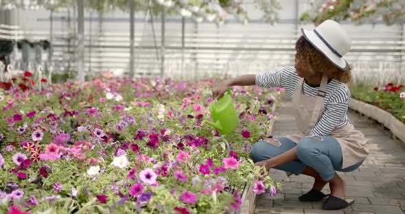 Smiling Woman Watering Plants at Green House