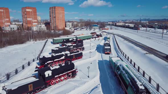 Top View Of Old Steam Locomotives In Nizhny Novgorod, Unusual Places In Russia