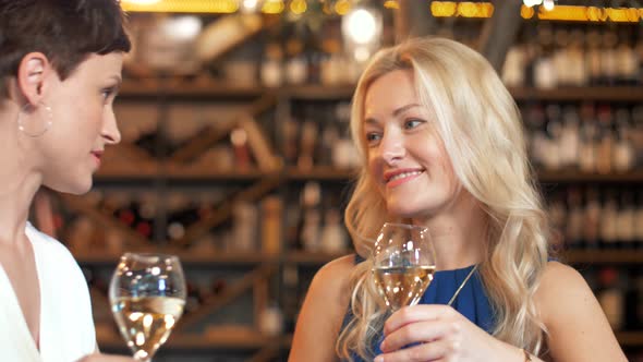 Happy Women Drinking Wine at Bar or Restaurant