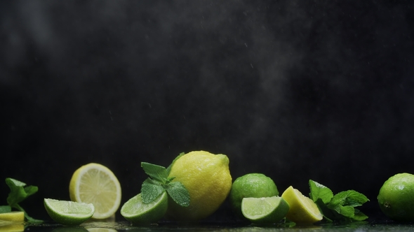 Dewy Citrus Fruit Lemon Lime Under Water Droplets on Water Surface Prapared for Refreshing Cocktail