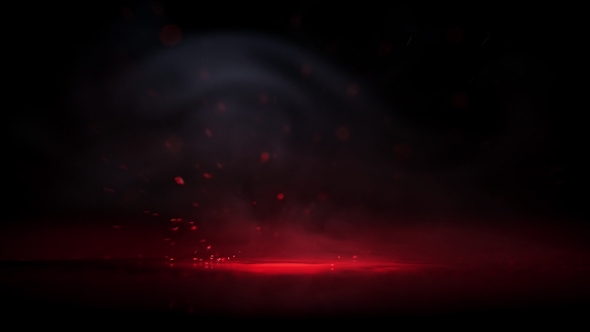 Crime Scene Blood Droplets in Light Spot and Cloud Fog on Black Background. Red Drops in Fume Smoke alt
