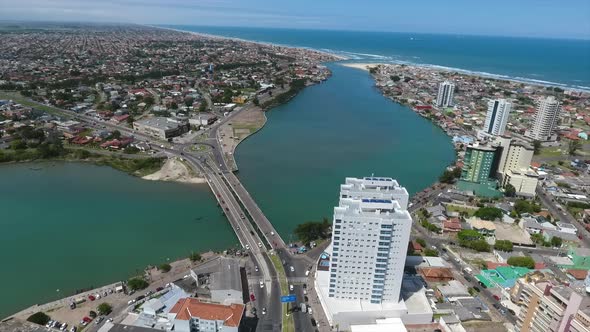 River and bridge between two cities in a background atlantic ocean. Cities of Tramandai and Imbe, so