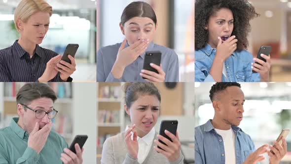 Collage of Multiple Race People Reacting to Loss on Smartphone