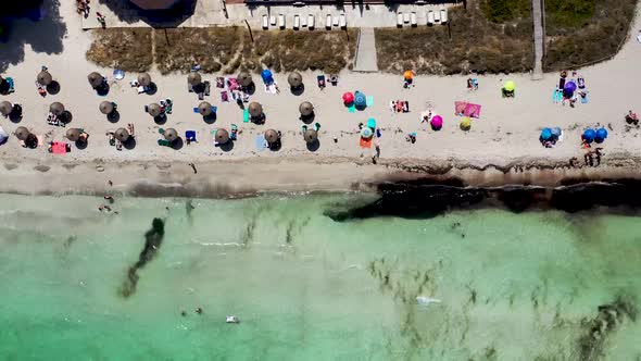 Aerial drone footage of the beach front on the Spanish island Majorca Mallorca, Spain