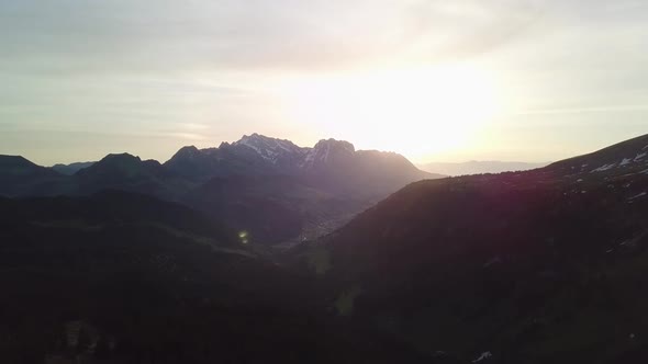 Droneshot in the Swiss alps while sunrise.