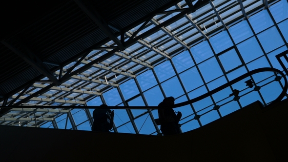 The Airport or Public Place Escalator Scene: People Silhouette on the Staircase