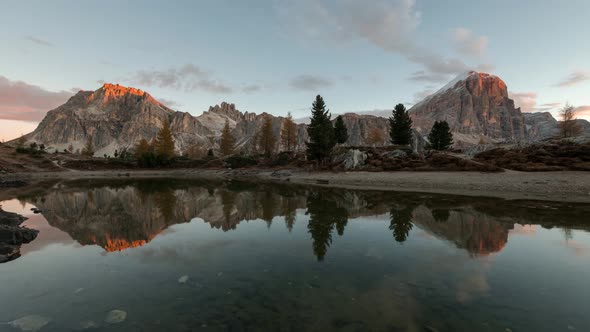 Sunrise Reflection In The Beautiful Lake Limides In The Dolomites Mountains