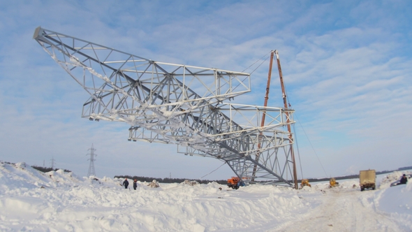 Workers Install High Voltage Line Support Pulling By Mechanisms alt