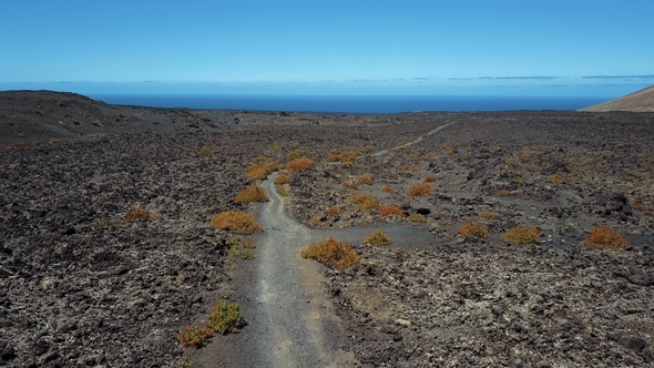 Flying Over Desert Volcanic Landscape Near Timanfaya Park, Lanzarote Island