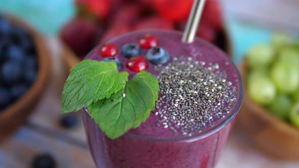 Close Up of Smoothie with Berries and Chia Seeds. Healthy Life Style concept.Top View.
