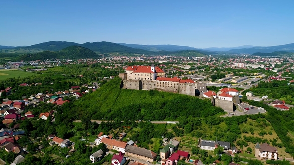 Beautiful Panoramic Aerial View To Palanok Castle in the City of Mukachevo