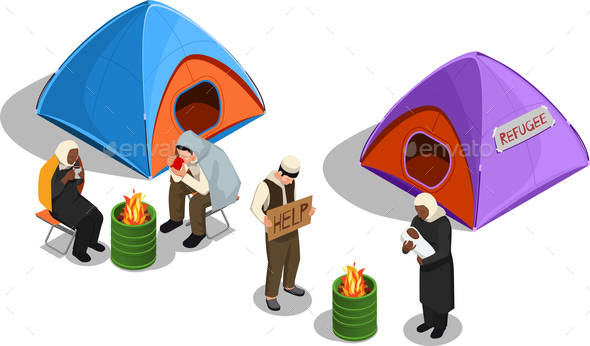 Refugee Camp Isometric Composition