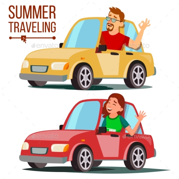 Summer Travelling By Car Vector. Male, Female