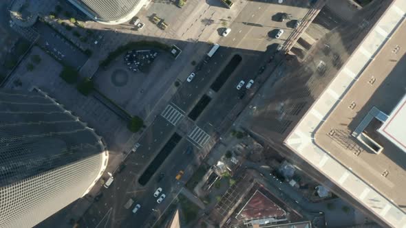 AERIAL: Epic Slow Lowering and Circling Birds Eye View Over Downtown Los Angeles California in