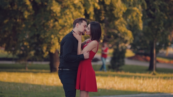 Guy Hugs and Kisses His Girlfriend in the Park at Sunset