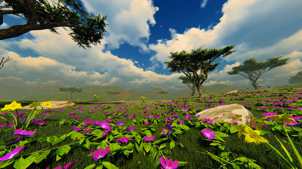 Green Field With Beautiful Pink Flowers And Fog alt