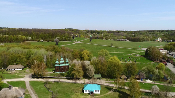 Aerial View Over Traditional Ukrainian Village in Spring, Pirogovo, KIev