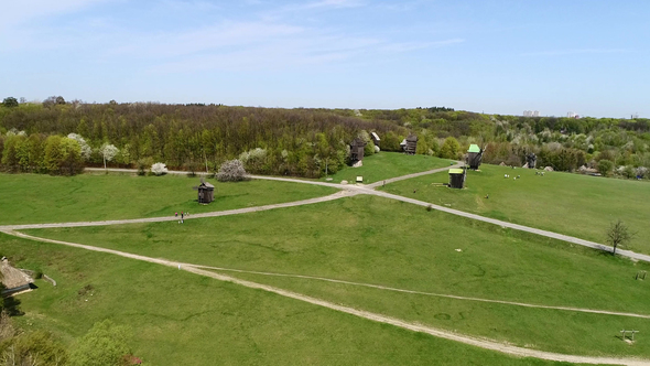 Aerial View Over Traditional Ukrainian Village in Spring, Pirogovo, KIev