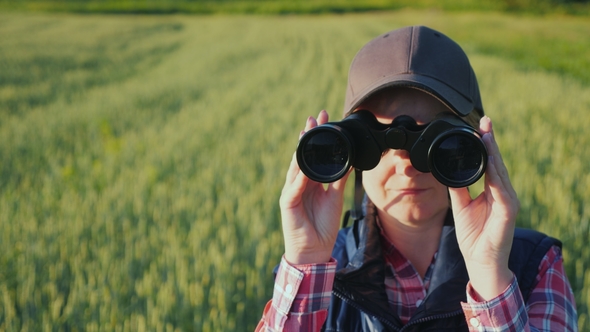 A Woman Looks Through Binoculars. Standing in the Endless Green Field.