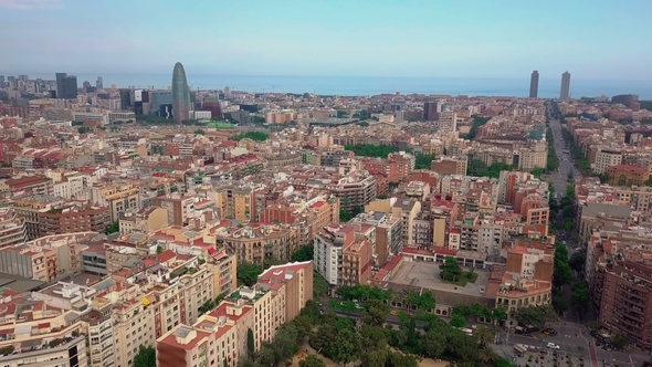 Summer Day at Barcelona Cityscape Aerial Panorama Spain