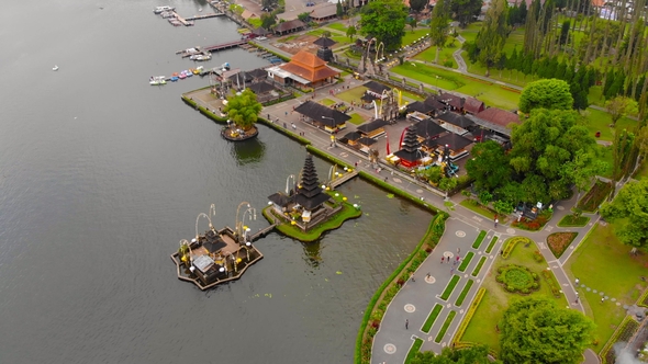 Aerial View on the Pura Ulun Danu Temple on the Lake Bratan in Bali, Indonesia. Drone Rotates Around