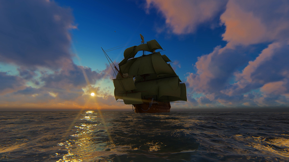 Large Sailing Ship At Sunset